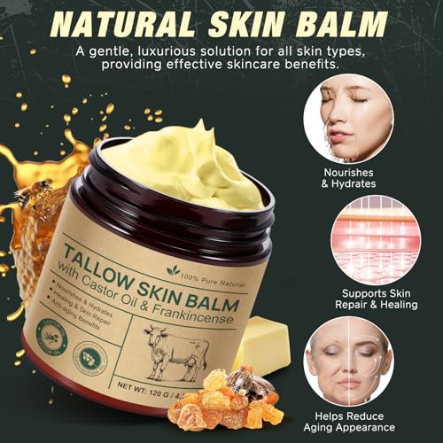 FANSHI Tallow Skin Balm With Castor Oil & Frankincense, Vitality Frankincense Balms 100% Grass-Fed Tallows For Skin Care Castor Oil Balm Beef Tallow For Face & Body120 G/4.2 Oz