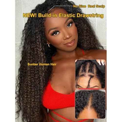 Sunber EasiContour V Part Human Hair Ombre Chestnut Brown Curly Glueless Wig Upgrade Vpart Wigs No Leave Out No Gel 180% Density V Shape Clip Wigs No Sew in Ready to Go Beginner Friendly 18Inch