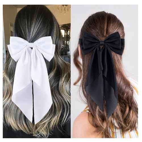 6Pcs Large Bows Hair Clips for Women Girls Long Tail Hair Ribbon Silky Satin Barrettes Coquette Bows Accessories (Black/khaki/Brown/White)