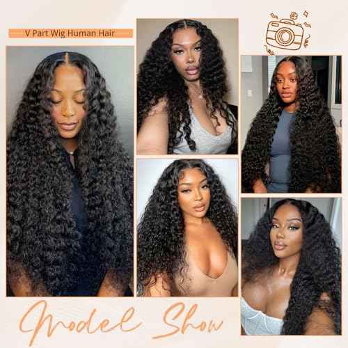V Part Wigs Human Hair Deep Wave Upgrade Glueless Human Hair 20 Inch V-Part Kinky Curly Clip in Wigs No Leave Out, No Glue, No Sew-in, Beginner Friendly