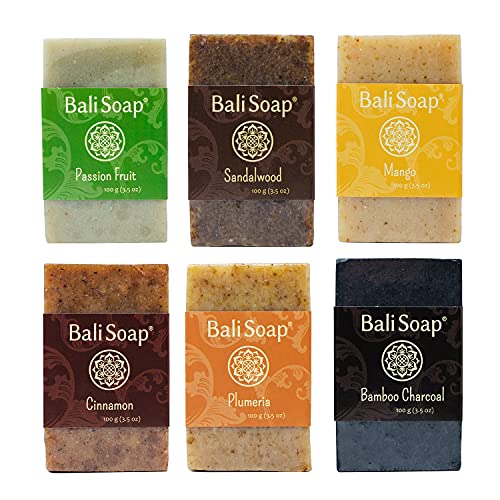 Bali Soap - Orange Collection - Natural Soap Bar Gift Set, Face Soap or Body Soap, 6 pc Variety Soap Pack (Passion Fruit, Sandalwood, Mango, Cinnamon, Plumeria, Bamboo Charcoal) 3.5 Oz each