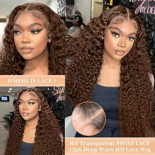 Chocolate Brown Lace Front Wigs Human Hair 13x6 Deep Wave Lace Front Wigs Human Hair 200 Density HD Colored Deep Curly Lace Frontal Wigs for Women Pre Plucked with Natural Hairline (24inch)