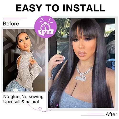 Lativ Straight Human Hair Wigs with Bangs None Lace Front Wigs 150% Density Glueless Machine Made Brazilian Virgin Human Hair Wigs for Black Women Natural Color(24 Inch, Straight)