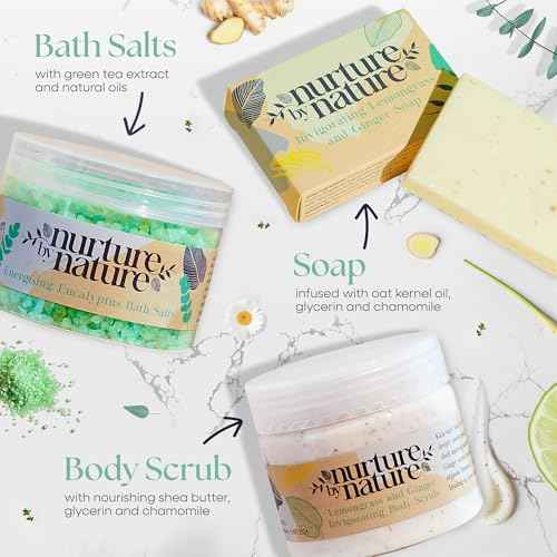 Nurture by Nature RELAX & UPLIFT Spa Kit for Women ? Birthday Gifts for Women ? 6 Piece Gift Basket with Hand Soap, Body Scrub, Hand Cream & More - Vegan Self Care Kit - Relaxation Gifts for Her