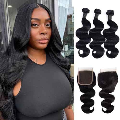 12A Body Wave Human Hair Bundles with Closure 18 20 22Inch Brazilian Body Wave 100% Unprocessed Virgin Human Hair Extensions 3 Bundles with 4x4 Lace Closure Free Part Natural Black Color