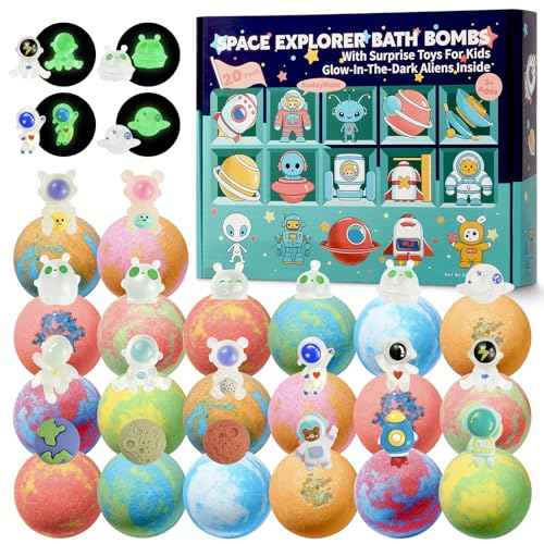 20 Pack Galaxy Bath Bombs for Kids with Space Explorer Toys, Cosmic Adventure Kids Bath Bombs with Astronauts, Rockets, Planets & Glow-in-The-Dark Aliens Inside,End-of-School Year Gifts