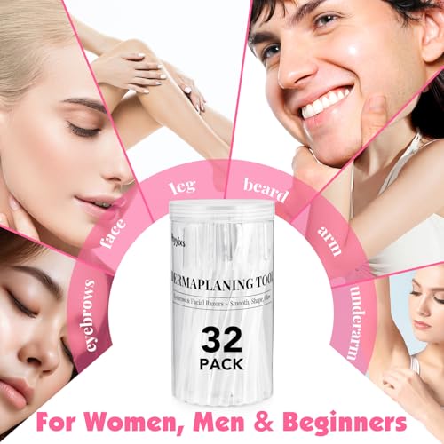 32 Count Face Razors for Women ? Dermaplane Razors & Eyebrow Razor Set, 24 Long + 8 Short Precision Blades, Facial Razor for Peach Fuzz, Hair Removal & Gentle Exfoliation (Clear)