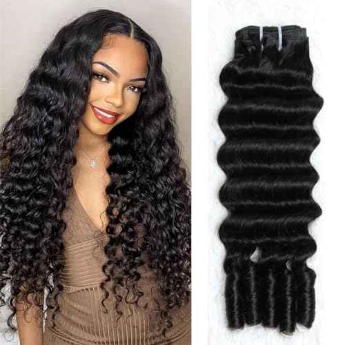 SWEETGIRL Deep Wave Human Hair Bundles Burmese Curly Bundles Human Hair Quick Weave with Spiral End Sew in Hair Extensions 26 Inches 1 Bundle Natural Color
