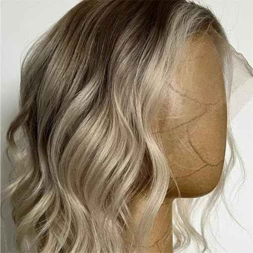 Short Bob Ash Blonde Lace Frontal Wig Human Hair Brown Highlight 13x4 Water Wave HD Transparent Lace Front Human Hair Wigs For Women 180% Density Brazilian Hair Blonde Highlight Wigs 8Inch