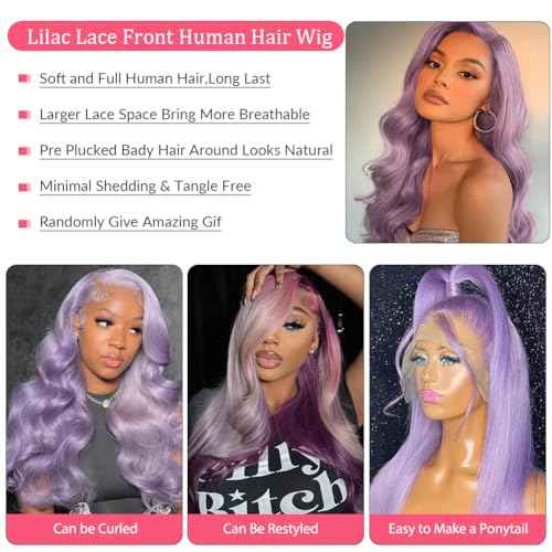 Purple Lace Front Wigs Human Hair 24 Inch 150% Density 13x6 HD Lilac Lace Front Virgin Hair Pre Plucked with Baby Hair Wear and Go Light Purple Bleached Knots Transparent Lace Wigs for Women