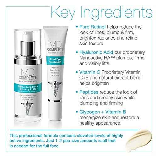 MD Complete Eye Wrinkle Duo | Professional Dermatologist Skin Rejuvenation | includes Wrinkle & Radiance Remedy PLUS with Retinol and Total Eye Treatment with Hyaluronic Acid and Peptides | Set of Two