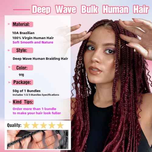 Human Braiding Hair, 3 Bundle 150g 20 Inch Boho Braids Human Hair 10A Deep Wave Bulk Brazilian Virgin No Weft Wavy Hair Extension for Boho Knotless Bohemian Micro Braid Bulk for Braiding 99J