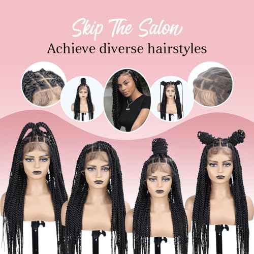 Senegal Twist Wigs, 36 "360¡Æ HD Full Single-layer Lace Two Braid Wigs for Black Women Square Knotless 2 Braid Wig with Baby Hair Handmade Synthetic Hair Blended Lace Front Wig Natural Black