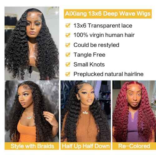 22 Inch Deep Wave Lace Front Wig Human Hair 13x6 HD Transparent Lace Frontal Wigs for Women Glueless Pre Plucked Lace Front Wig Deep Wave