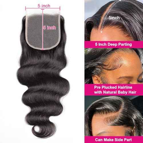 Body Wave 5x5 Transparent Lace Closure 100% Human Hair Invisible 5x5 Lace Closure 12A Brazilian Virgin Remy Human Hair Frontal Closure Pre Plucked Natural Color 20 Inch