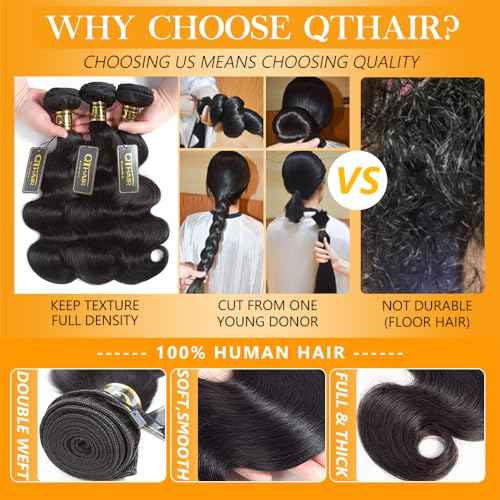 QTHAIR 16A Body Wave Human Hair Bundles (18" 18" 20",300g) 100% Unprocessed Body Wave Bundles Human Hair Brazilian Virgin Hair Weave Body Wavy Hair Extensions