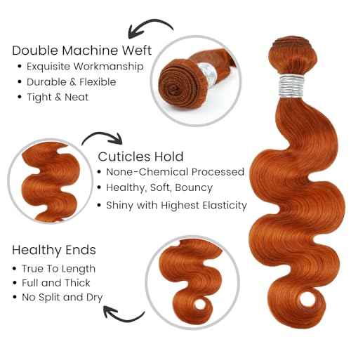 ALHER #350 Ginger Bundles Human Hair Body Wave 100% Brazilian Virgin Remy Human Hair Sew In Weave Wavy 3 Ginger Bundles for Black Women 12A Soft Thick Copper Orange Color 16 18 20 Inch