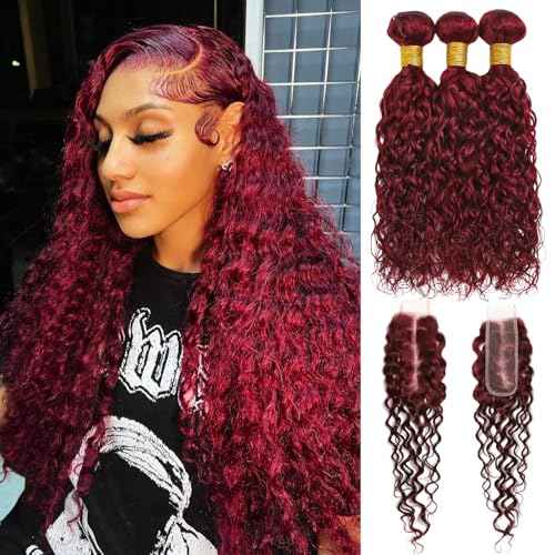 ALHER 2x6 HD Lace Closure with Bundles Human Hair 99j Dark Burgundy Water Wave, Cherry Wine Red Colored Virgin Remy 3 Bundles and 2x6 Long Deep Middle Part Kim K Closure With Baby Hair 10 12 14 +10 IN