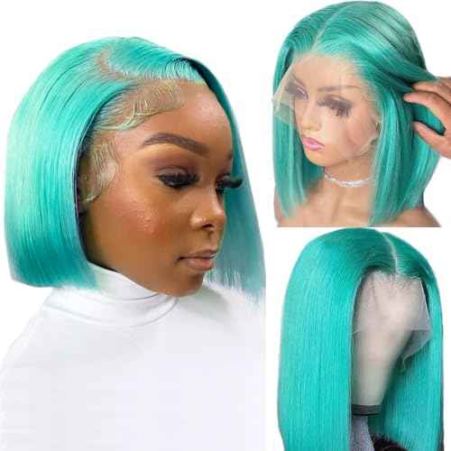 Ubetta Lake Blue Bob Wig Human Hair Lace Front Wigs 13x4 Glueless Lace Front Bob Wigs Human Hair Pre Plucked 8 Inch Colored Teal Blue Bob Wig for Black Women 180% Density