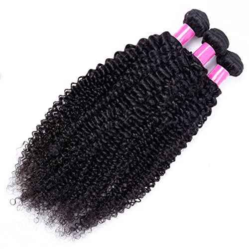 Brazilian Curly Human Hair Bundles with Closure 10A Kinky Curly Bundles and Closure Unprocessed Virgin 3 Bundles with 4x4 Lace Closure Kinky Curly Weave Human Hair Bundles(18 20 22+16) Natural Color