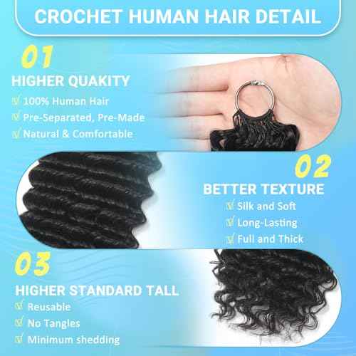 Curly Human Crochet Hair for Black Women Natural Black 16 Inch 125g Knotless Crochet Human Hair Pre-Separated Crochet Braiding Human Hair Extensions 100 Strands