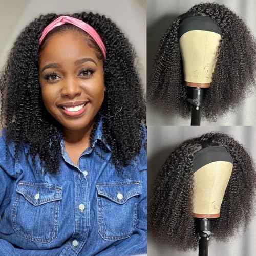Kinky Curly Headband Wig Human Hair 14 Inch Headband Wigs for Women Human Hair Glueless None Lace Front Curly Wave Wigs Brazilian Virgin Hair Wear and Go Glueless Wig 150% Density Natural Black Color