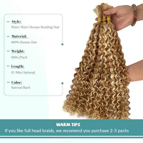 Ombre Blonde Water Wave Human Braiding Hair Highlights Colored Curly Braiding Human Hair No Weft Bulk Hair for Knotless Bohemian Box Braids Wet and Wavy Braiding Hair 100 Grams 22in