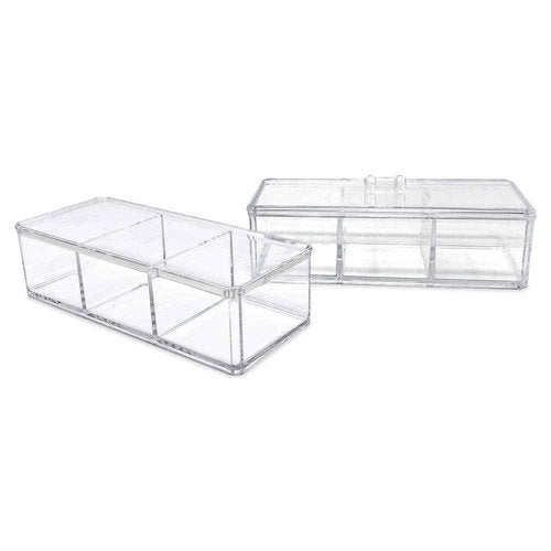 Isaac Jacobs 3-Compartment Clear Acrylic Rectangular Stackable Organizer with Lid, Multi-Sectional Drawer Tray, Storage Solution for Makeup, Craft Supplies, for Bathroom, Kitchen, Office (2, Clear)