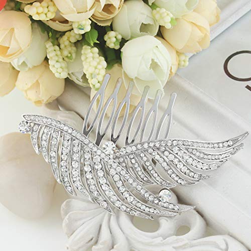 EVER FAITH Women's Austrian Crystal Bridal Elegant 2 Peacock Feather Hair Comb Clear Silver-Tone