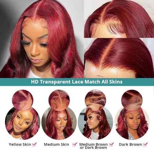 Allove 99j Burgundy Lace Front Wigs Human Hair Pre Plucked 180% Density 24inch Body Wave Lace Front Wigs Human Hair with Baby Hair 13x4 Glueless HD Transparent Frontal Human Hair Wigs For Women