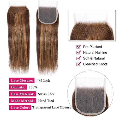 Haha Honey Blonde Highlight Human Hair Bundles With Closure Straight P4/27 Brown Blonde Ombre Bundles With Lace Closure 4x4 Brazilian Raw Human Hair Weave Sew In Extensions 14 16 18+12