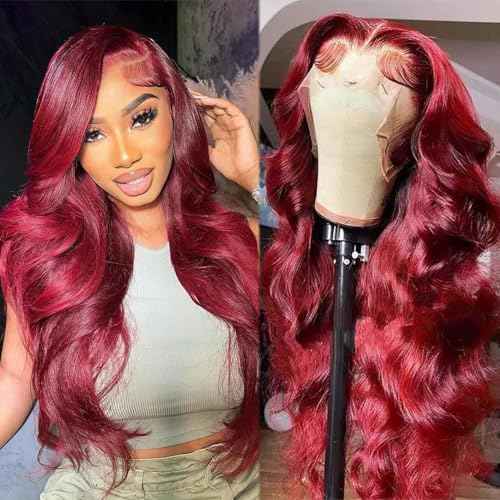 Benafee Burgundy Lace Front Wigs Human Hair 30 Inch Body Wave 99J Reddish Brown Human Hair Wig for Black Women 13x4 Long Free Part Curly Wine Red Lace Frontal Gluelss Wigs Pre Plucked Bleached Knots