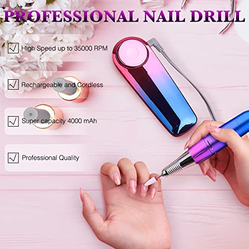 Professional Portable Electric Nail Drill - Yuniooe 35000 RPM Acrylic Nail kit Remove Nail Gel,Portable E File Machine for Salon Use or Home DIY (Gradient Blue)