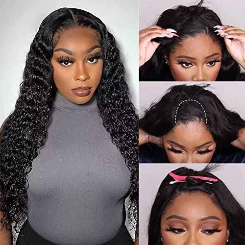 U Part Wigs Human Hair for Black Women Deep Wave Human Hair Brazilian Hair Full Head Clip in Half Wig V Part Glueless Wigs Human Hair Pre Plucked U Shape Wigs (Natural Black, 22 inch)