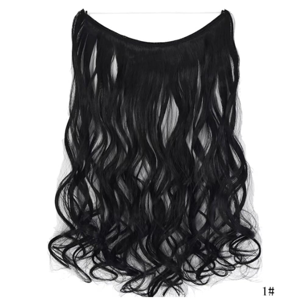 iLUU Party Wig Curly Wavy Seceret Wire Synthetic Hair Extensions Heat Resistant Fiber Hair 18" 80g Thick Invisible String Hairpiece Hidden Wire Fish Line Hair Extensions for Women (#1, Black)