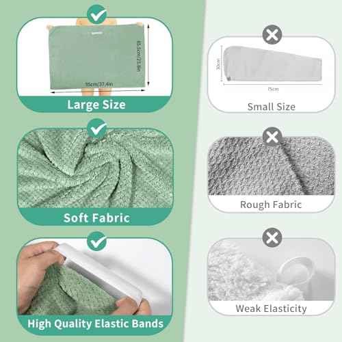 2 Pack Extra Large Microfiber Hair Towel Wrap, 37.4" x 26.4" for Women, Super Absorbent & Quick Dry Hair Towel with Elastic Strap for Curly Hair Green