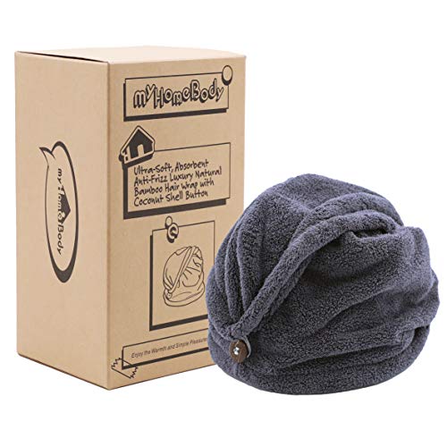 myHomeBody Hair Towel Wrap | Luxury Rapid-Dry Hair-Drying Turban | Ultra Soft and Quick Drying Absorbent Charcoal Fiber, with Coconut Shell Button – Midnight Blue