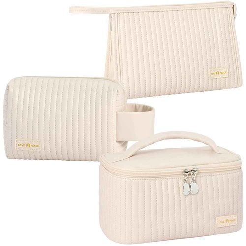 Linpr 3 Pcs Makeup Bag Set, Portable Waterproof PU Striped Leather Toiletry Bags, Cute Travel Cosmetic Organizer for Women and Girls (White)