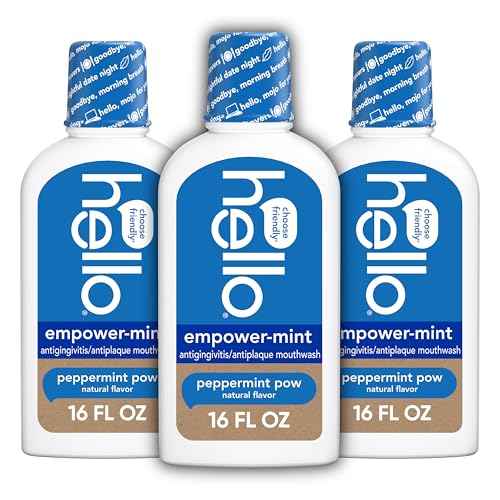 hello Empower-Mint Fluoride Free and Alcohol Free Mouthwash, Non Alcoholic Mint Mouthwash Pack, Peppermint Pow, 3 Pack, 16 Fl Oz Bottles