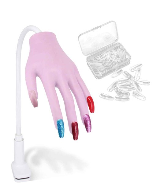 Silicone Hand for Acrylic Nails, Professional Silicone Practice Hand for Nails, Nails Never Fall Off, Flexible Bendable Acrylic Nail Practice Hand with Clear Nail Tips, Purple