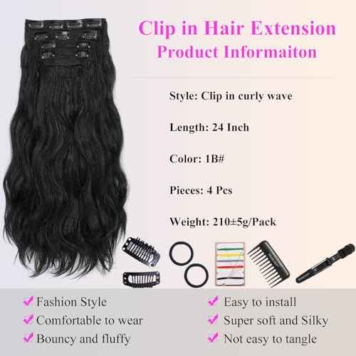 24 Inch Clip in Hair Extensions 4 Pcs - Curly Wave hair Extensions Clip Ins, Soft Natural Look Synthetic Fiber, Tangle Free, Lightweight, Long Use with Secure Invisible Clips, Daily Wear(1B)