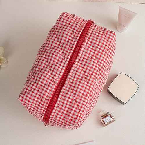 Handmade Makeup Bag, Skincare Cotton Organizer Zipped Pouch, 2 Pieces, Gingham Beauty Purse for Women Girls,Red