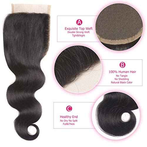 Odir Body Wave Human Hair Bundles with Closure 14 16 18+12 Inch Unprocessed 10A Brazilian Body Wave Virgin 3 Bundles with 4x4 Lace Clsoure Natural Color