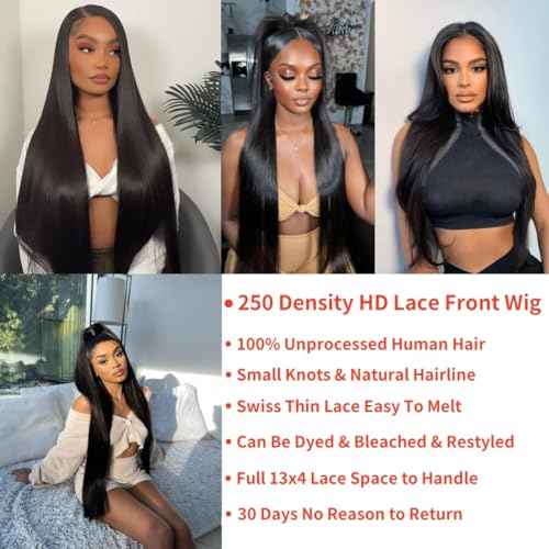 BELE 250% Density 13X4 HD Lace Front Wigs Human Hair Straight Lace Front Wigs Human Hair pre plucked Glueless Frontal Wigs for Women Natural Black (250 Density Straight Wig 18inch)