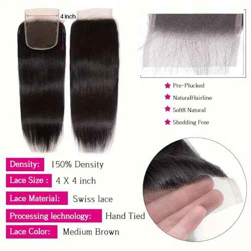 Straight Bundles with Closure Human Hair 20 22 24+18 Inch 100% Brazilian Unprocessed Virgin Body Wave 3 Bundles Human Hair with 4x4 Free Part Lace Closure Natural Black