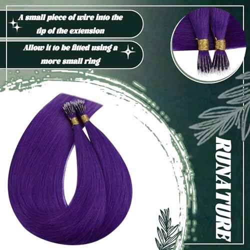 RUNATURE Nano Hair Extensions Real Human Hair Purple Nano Bead Hair Extensions 20 Inch Long Hair Cold Fusion Hair Extension No Glue Remy Natural Hair 50g 50s