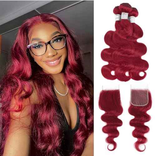 Red Burgundy Human Hair Bundles with Closure Body Wave, 3 Bundles with 4x4 Closure HD Transparent Lace with Baby Hair Free Part Cherry Red 99J Color Quick Weave Hair Extensions 12 14 16 +12 In
