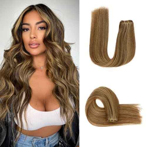 Sew in Hair Extensions Real Human Hair, 110g 16 inch Medium Brown Highlight Honey Blonde Weft Hair Extensions Remy Straight Weave Bundles