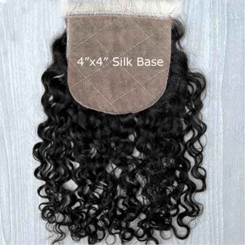 Burmese Curly Silk Closure 4"x4" Silk Base Lace Human Hair Top Full Closure Piece Hidden Knots Free Part Raw Hair 20" inch Natural Black 1b