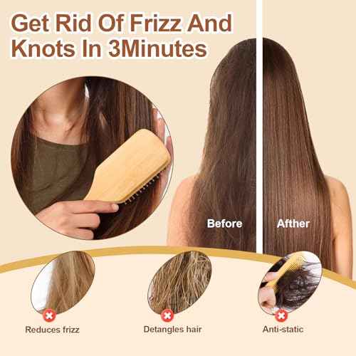 Natural Bamboo Bristles,Soft Bristle Cushion,Reduce Static Electricity,Hair Comb Teeth Round and Smooth,Promote Scalp Blood Circulation,Ergonomic Handle